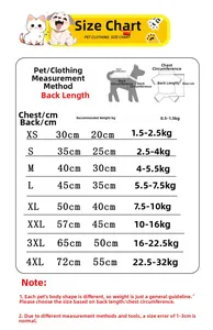 Detailed size chart for waterproof pet jackets ranging from size XS to 4XL for all dogs