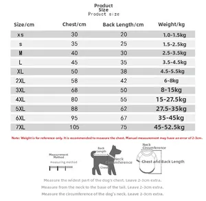 Size chart for pet hoodies with chest and back length measurements from XS to 7XL
