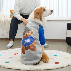 Detail view of pet hoodie with teddy bear print and metal D-ring for leash attachment