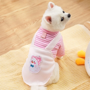Dog stripe hoodie with pink suspenders dress and cute cartoon duck embroidery