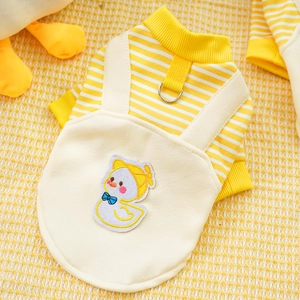 Detail of yellow striped pet vest with cute duck embroidery and metal D-ring attachment