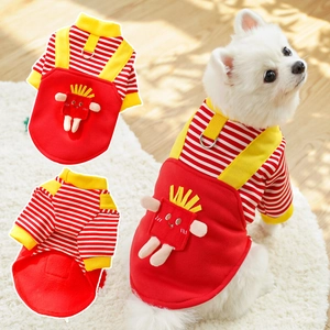 Striped dog hoodie with cartoon fries detail and integrated metal D-ring for leash attachment