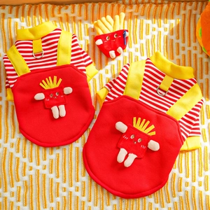 Detail of red striped dog hoodie with cartoon fries decor and metal D-ring attachment
