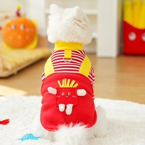 Detail of red striped dog hoodie with cartoon fries pocket and metal D-ring attachment