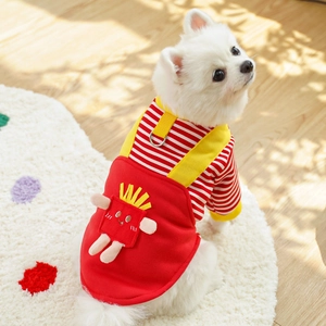 Detail of red striped dog jumpsuit with yellow straps and funny 3D fries pocket