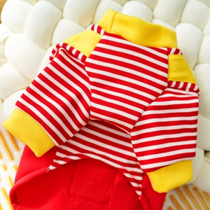 Close-up of red and white striped pet hoodie with warm fleece lining and yellow ribbed cuffs