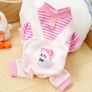 Detail of pink striped pet jumpsuit featuring cartoon duck embroidery and metal D-ring attachment