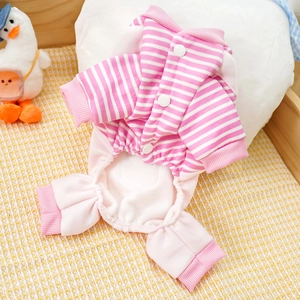 Close-up of pink striped dog jumpsuit featuring back buttons and soft knit fabric
