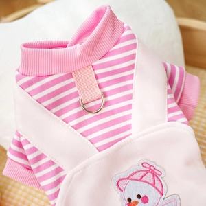 Close-up of pink striped dog hoodie with metal D-ring for leash attachment