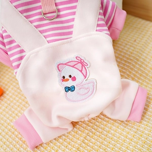 Close-up of pink striped dog hoodie with metal D-ring and cute duck embroidery detail