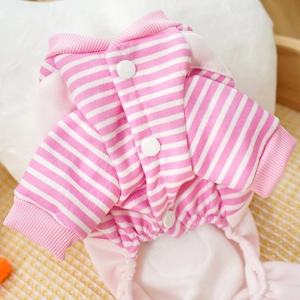 Detail of pink and white striped pet cardigan with soft fabric and snap buttons