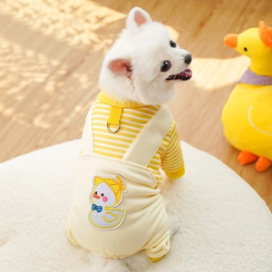 Detail view of Pomeranian wearing a yellow duck pet jumpsuit with integrated D-ring leash hook