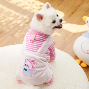 Detail of pink striped pet overalls with a cartoon duck embroidery and a leash D-ring
