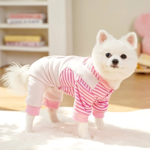 Detail view of pink and white striped pet jumpsuit with soft ribbed cuffs for small dogs
