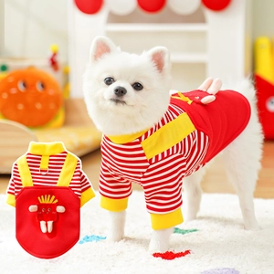 Detail of red striped pet jumpsuit featuring 3D cartoon french fries on the back