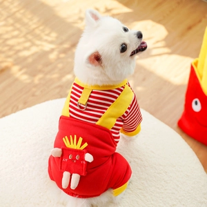 Detail of red striped dog jumpsuit with plush fries decor and metal D-ring for leash