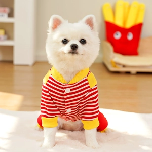 Detail of red and white striped pet sweatshirt with yellow ribbing and button closure