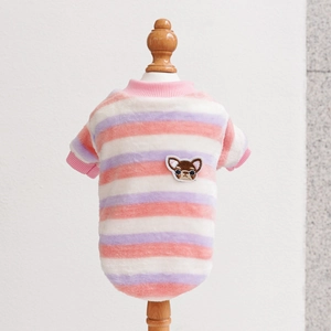 Detail of pink and purple striped pet sweater showing soft plush texture and dog embroidery