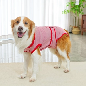 Red and white striped recovery suit for large dogs made of breathable elastic cotton