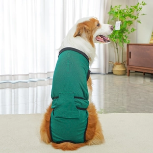 Dog recovery suit in green and black stripes for post-surgery protection and comfort