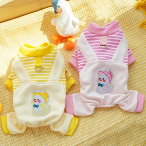 Striped pet jumpsuit for dogs and cats with cute duck embroidery and traction D-ring