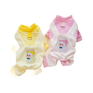 Fleece pet jumpsuits in yellow and pink with stripe design and cartoon duck embroidery