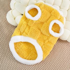 Detailed view of yellow coral fleece pet vest with soft white plush edges for winter