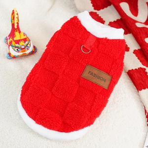 Festive red plush pet hoodie with white fur trim and leash D-ring for cats and dogs