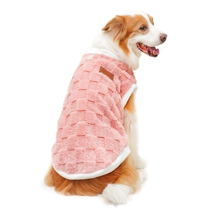 Pink fleece dog vest with quilted texture and faux fur trim for autumn winter warmth