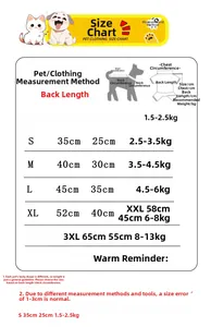Size chart for fleece pet jumpsuits with chest and back length measurements in centimeters