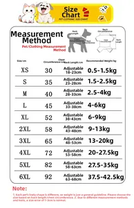 Detailed pet clothing size chart for dogs and cats with chest and back length measurements