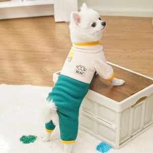 Detail of warm fleece pet jumpsuit with color block design and metal D-ring for leash