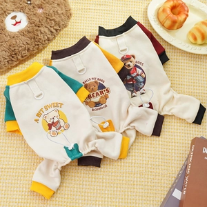 Dog four-legged warm fleece jumpsuit with bear print and D-ring leash attachment