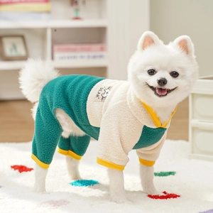 Close-up of polar fleece dog jumpsuit featuring green contrast and 'BEAR' patch detail
