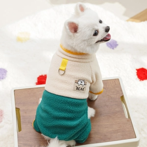 Close-up of warm polar fleece pet jumpsuit with contrast colors and back D-ring detail