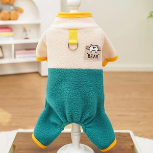 Close-up of contrast fleece pet onesie featuring a D-ring and cute bear embroidery