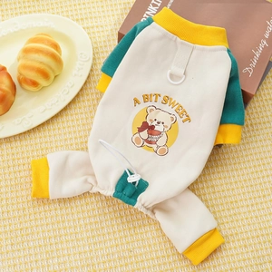Detail of pet autumn fleece jumpsuit with bear print and functional back leash D-ring