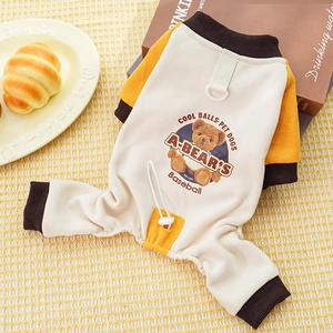 Detail of pet pajamas with adjustable waist cord, D-ring leash attachment and bear print