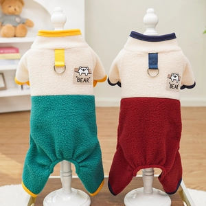Dog Jumpsuit Fleece Warm Winter Four-legged Color-block Pet Clothes With Leash D-ring Puppy Pajamas Cat Coat