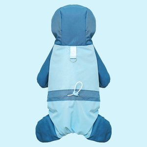Detail view of the waterproof two-tone dog coat showing the metal D-ring and drawstrings