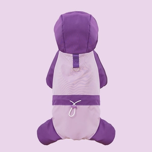 Detail of waterproof dog rain coat with metal D-ring and adjustable waist drawstring