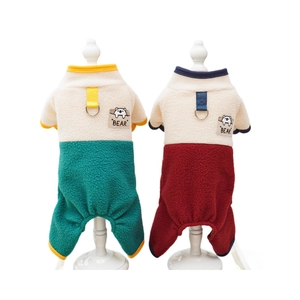 Polar fleece dog jumpsuit with leash D-ring and contrasting colors for pets