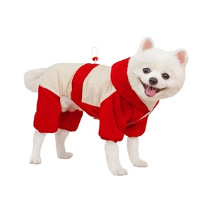 Waterproof four-legged pet winter coat in red and beige for small to medium dogs