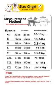 Guide des tailles pour vêtements d'animaux incluant tour de poitrine et longueur de dos