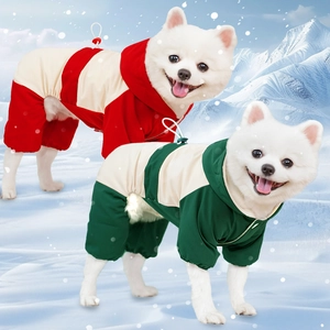 Waterproof hooded pet snowsuit for dogs and cats in red and green colors for winter