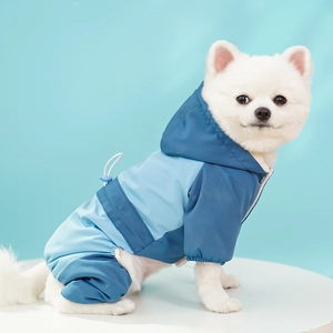 Detail of dog snowsuit with adjustable drawstring and windproof hood for small pets