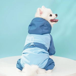 Close-up of waterproof pet ski suit with adjustable drawstring and blue拼接 patchwork design