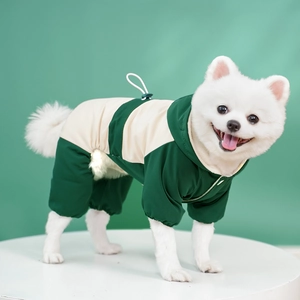 Waterproof hooded pet snowsuit for small dogs with beige and dark green patchwork design