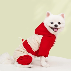 Detail of pet hoodie with adjustable red drawstring and beige patchwork fabric
