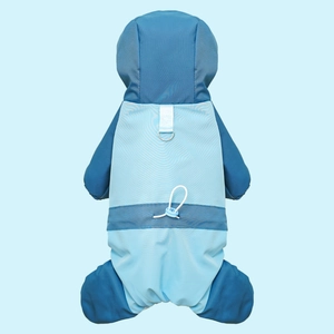Detail of waterproof pet ski suit with D-ring leash attachment and adjustable waist drawstring